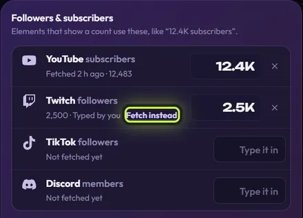 The Twitch followers row showing 2,500 · Typed by you, with Fetch instead ringed