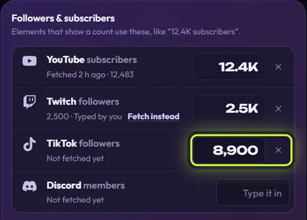 The TikTok followers row with 8,900 typed into its count box, ringed