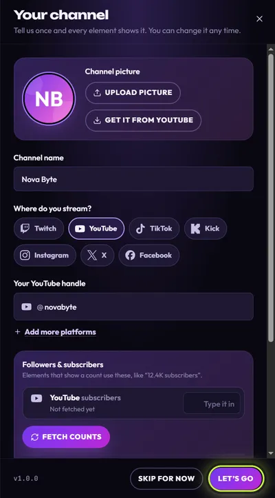 The Your channel panel filled in for Nova Byte: NB picture, Get it from YouTube, Channel name Nova Byte, YouTube selected, handle @novabyte, a YouTube subscribers row, and Let’s go ringed