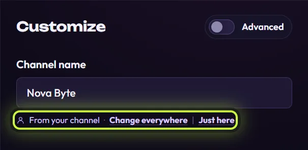 The Channel name field showing Nova Byte, with a ring around the line From your channel · Change everywhere | Just here