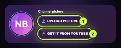 The Channel picture area of the Your channel panel: a round NB picture, with Upload picture (1) and Get it from YouTube (2) ringed