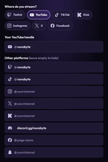 Where do you stream? with YouTube selected, Your YouTube handle @novabyte, and the Other platforms list: Twitch and TikTok @novabyte, Discord discord.gg/novabyte, the rest still showing sample text