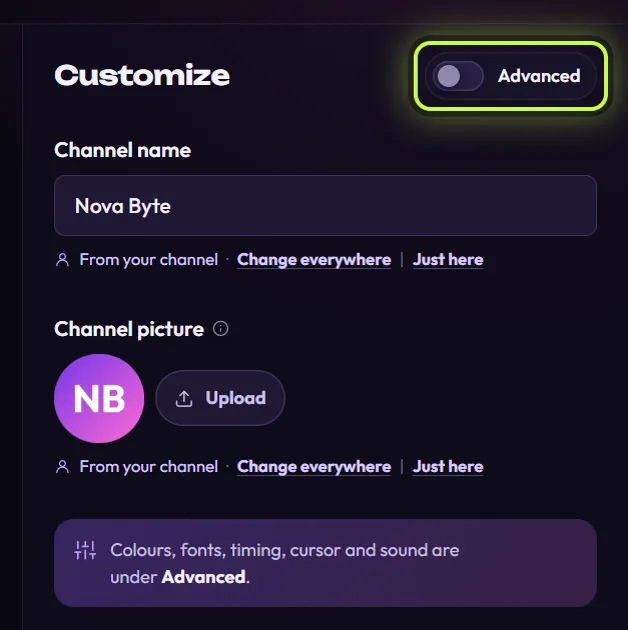 The top of the Customize panel with a ring around the Advanced switch, which is off, and the tip Colours, fonts, timing, cursor and sound are under Advanced.