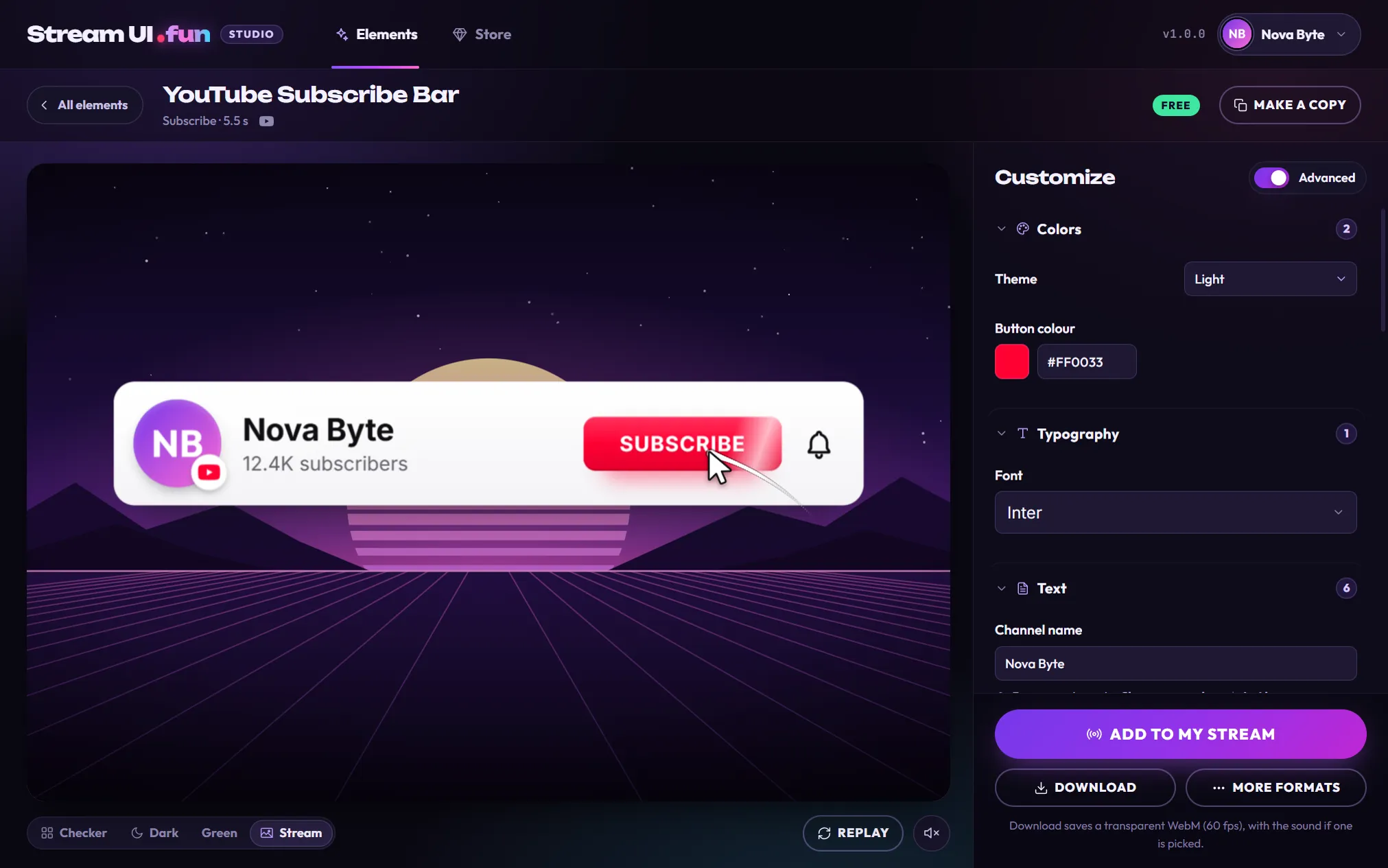 The editor with Advanced on: the Customize panel shows the groups Colors (2) with Theme set to Light and Button colour #FF0033, Typography (1) with Font set to Inter, and Text (6) starting with Channel name