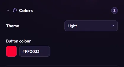 The Colors group with 2 settings: Theme set to Light, and Button colour with a red swatch and the code #FF0033