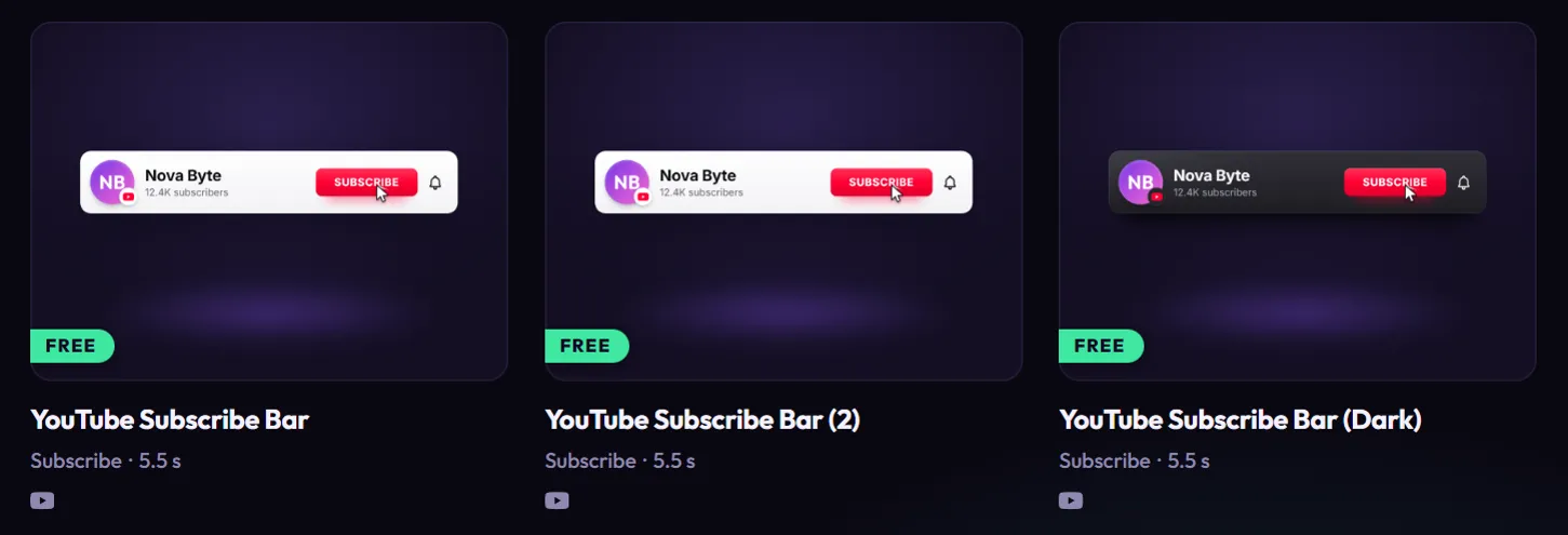Three cards side by side: YouTube Subscribe Bar, then its copy YouTube Subscribe Bar (2), then YouTube Subscribe Bar (Dark)