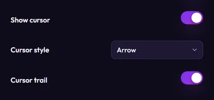 Three settings: Show cursor switched on, Cursor style set to Arrow, and Cursor trail switched on