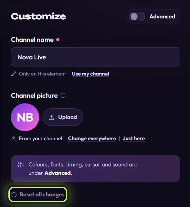 The Customize panel after an edit: Channel name now Nova Live with a pink dot and the line Only on this element · Use my channel, and a ring around the Reset all changes link at the bottom