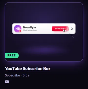 The YouTube Subscribe Bar card while the pointer rests on it: the live preview is playing, the cursor has just clicked SUBSCRIBE and its trail is visible, and the card glows