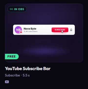 One card, YouTube Subscribe Bar: an IN OBS badge at the top left, a FREE flag, a picture of the bar showing Nova Byte with 12.4K subscribers, the line Subscribe · 5.5 s and a YouTube icon