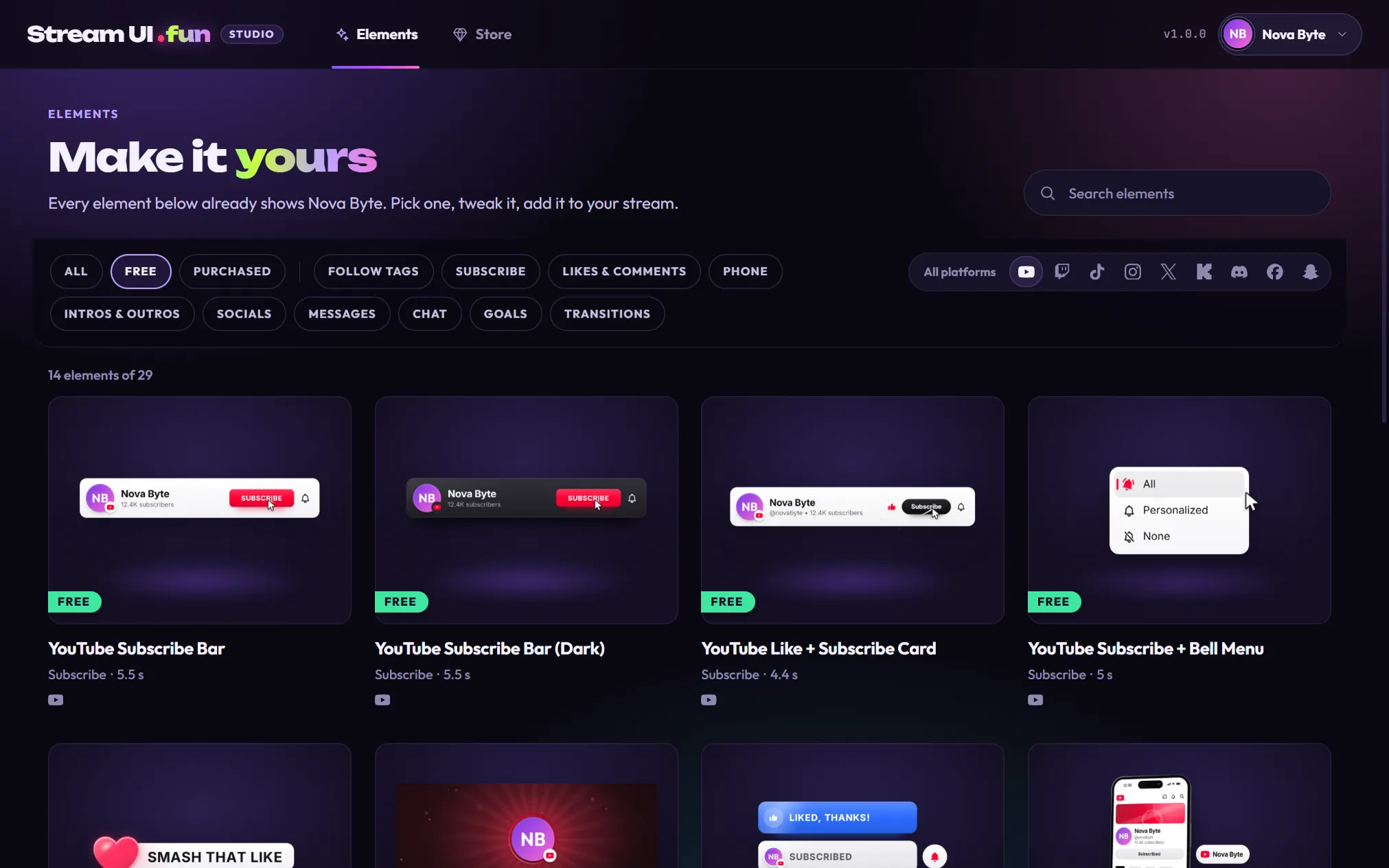The Elements tab with the Free filter and the YouTube platform selected: YouTube Subscribe Bar, YouTube Subscribe Bar (Dark), YouTube Like + Subscribe Card and YouTube Subscribe + Bell Menu, all showing Nova Byte.