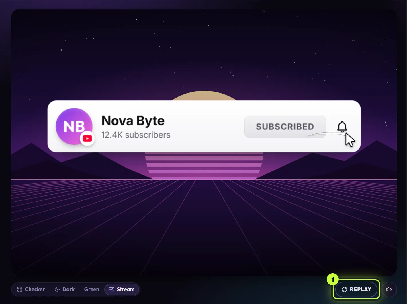 The editor preview of YouTube Subscribe Bar on the Stream background, with the Checker, Dark, Green and Stream buttons and the Replay button ringed (1)