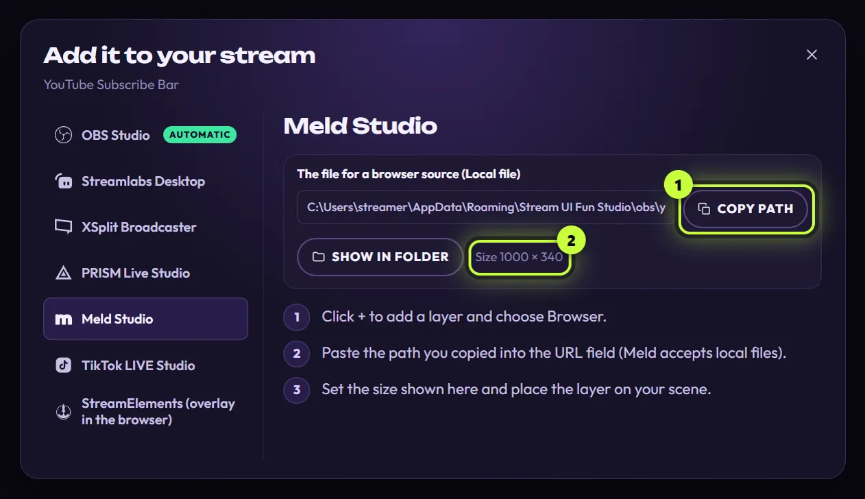 The Meld Studio guide: the file path with Copy path (1) and Show in folder, Size 1000 × 340 (2), and three steps