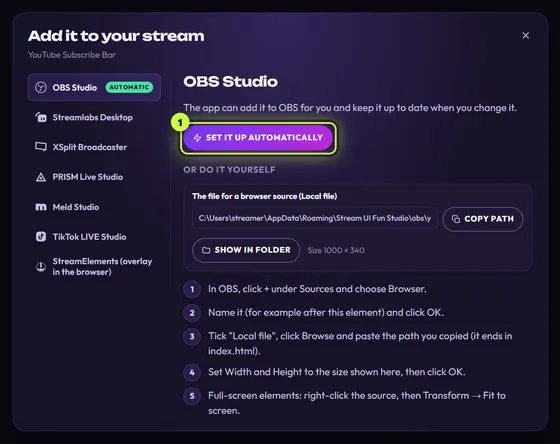 The Add it to your stream window with OBS Studio picked in the list on the left and the Set it up automatically button ringed (1)