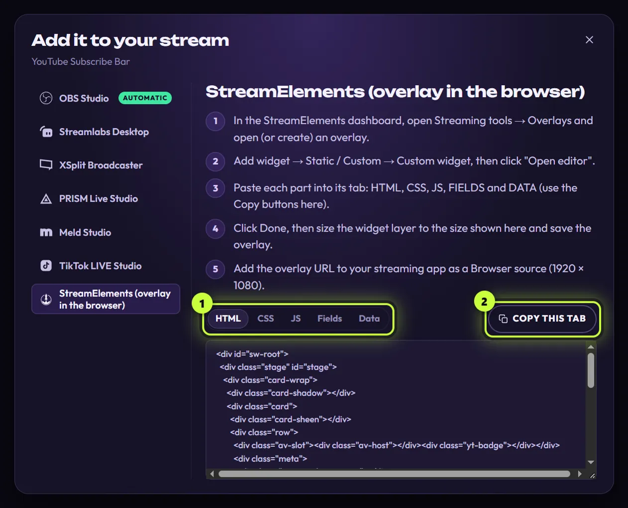 The StreamElements guide: five steps, then the HTML, CSS, JS, Fields and Data tabs, the Copy this tab button and the code