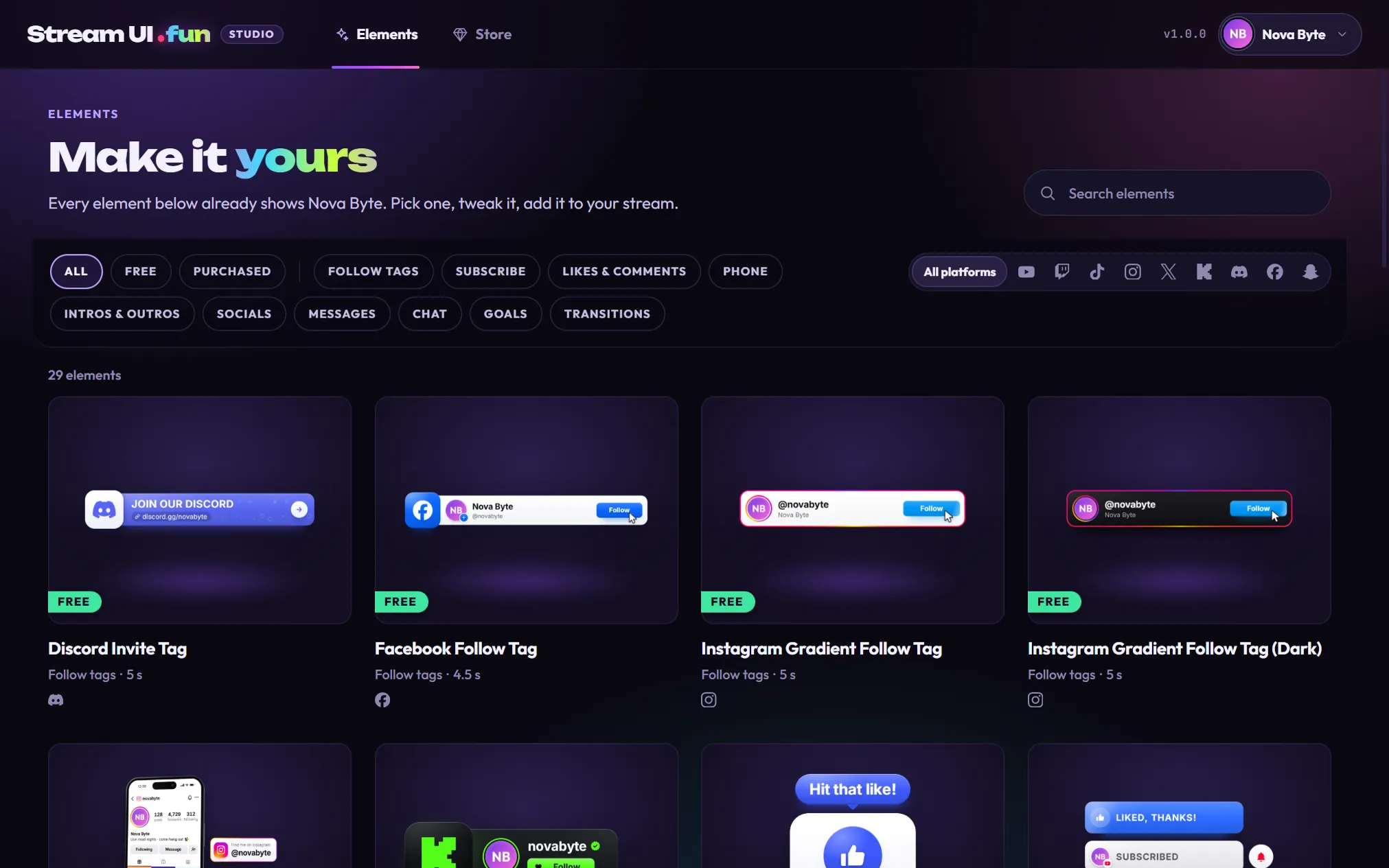 The Elements tab of Stream UI Fun Studio: the heading Make it yours, a search box, filter chips, and element cards such as Discord Invite Tag, Facebook Follow Tag and Instagram Gradient Follow Tag, all showing the channel Nova Byte.
