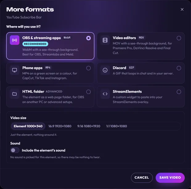 The More formats window asking Where will you use it?, with six choices. HTML folder, marked Advanced, is at the bottom left