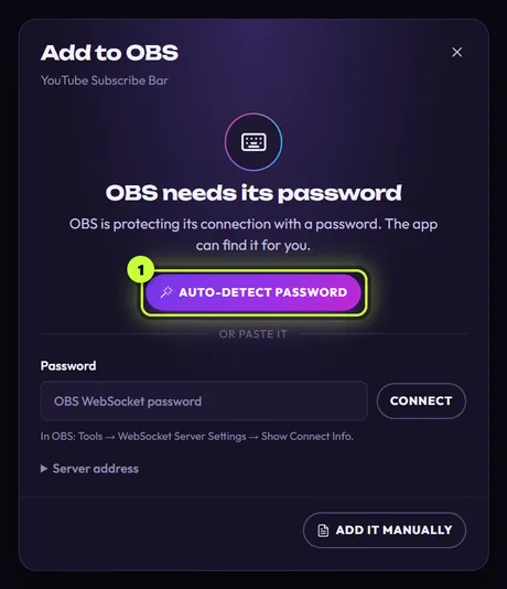 The Add to OBS window saying OBS needs its password, with Auto-detect password ringed and numbered 1.