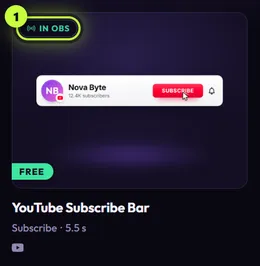 An element card for YouTube Subscribe Bar with the green In OBS badge ringed in its top left corner