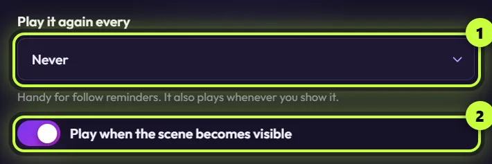The play options in the Add to OBS dialog: Play it again every set to Never (1), and the switch Play when the scene becomes visible turned on (2)