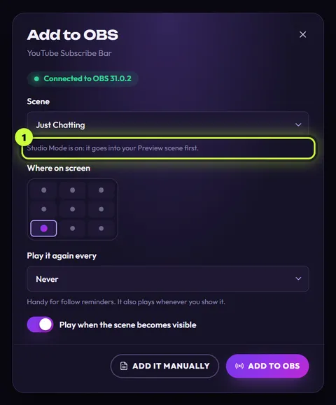 The Add to OBS window with Studio Mode on: under Scene, the note Studio Mode is on: it goes into your Preview scene first is ringed