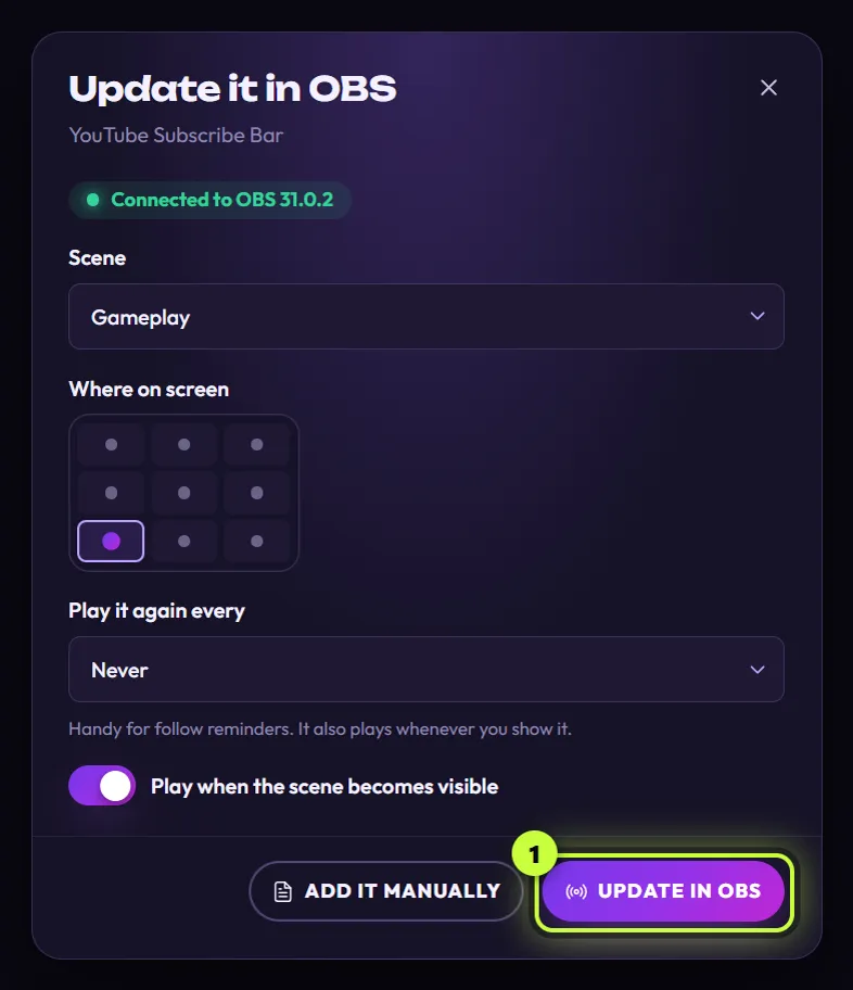 The Update it in OBS dialog for YouTube Subscribe Bar with the Update in OBS button ringed (1)
