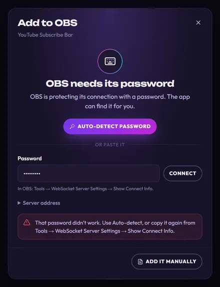 The password view after a wrong password: the Password box is filled in, and a red message says That password didn’t work. Use Auto-detect, or copy it again from Tools → WebSocket Server Settings → Show Connect Info