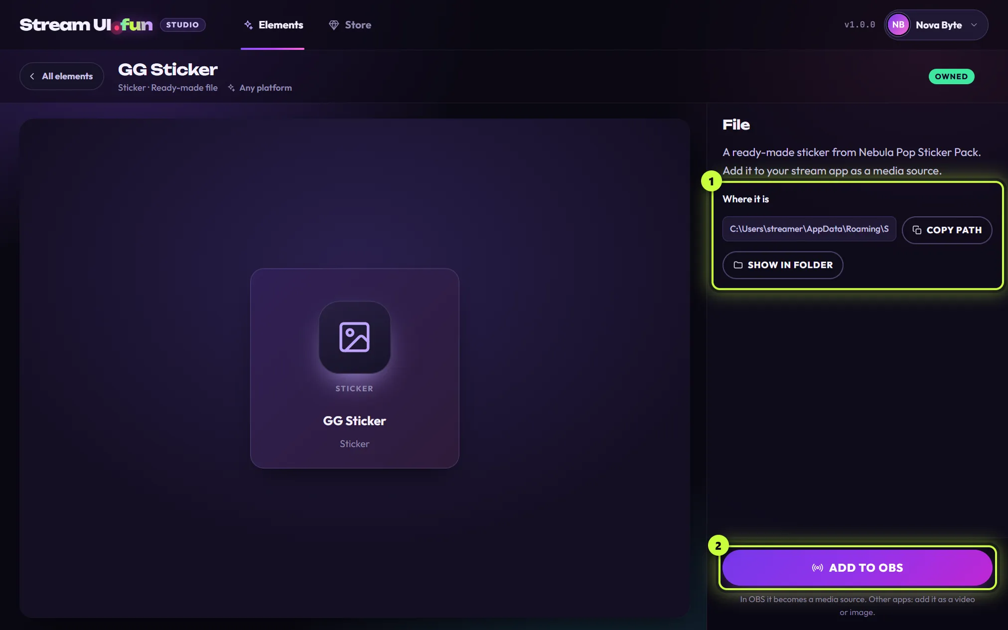 The page for GG Sticker, a Sticker · Ready-made file from Nebula Pop Sticker Pack: a file card on the left, and on the right the File panel with Where it is, the file path, COPY PATH and SHOW IN FOLDER (1), and ADD TO OBS (2) with the note In OBS it becomes a media source. Other apps: add it as a video or image.