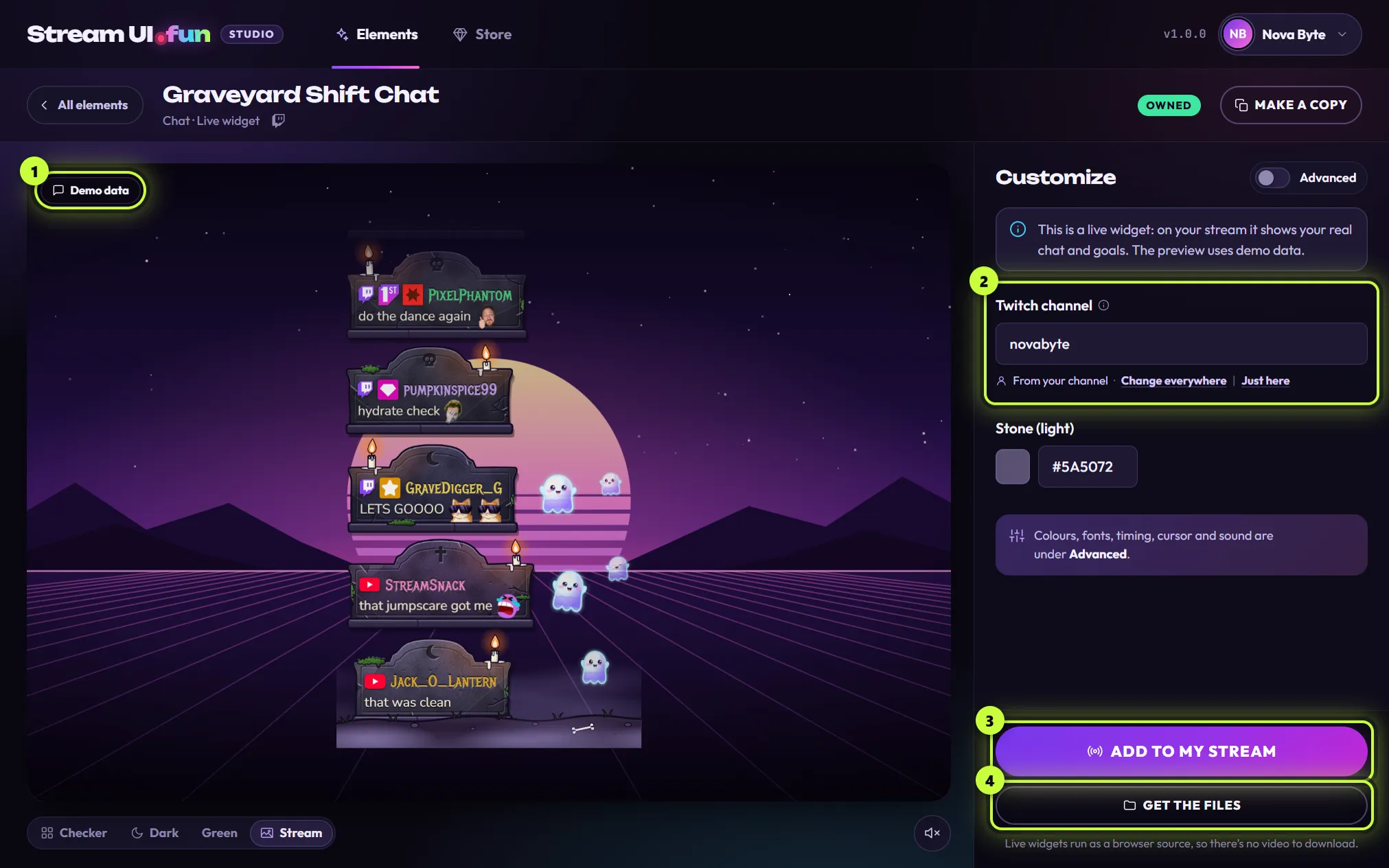 The editor for Graveyard Shift Chat, a Chat · Live widget: the preview shows made-up messages on tombstones with a Demo data chip (1), the Customize panel shows the live widget notice and the Twitch channel box with novabyte and From your channel (2), and ADD TO MY STREAM (3) and GET THE FILES (4) are at the bottom right
