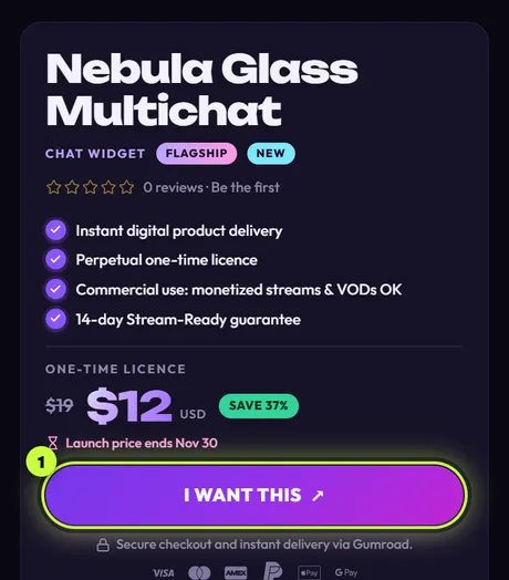 A product page in the Shop, Nebula Glass Multichat, with its price and the I WANT THIS button (1)