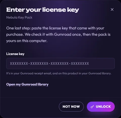 The Enter your license key dialog for Nebula Key Pack, with the License key field, the link Open my Gumroad library, and the buttons Not now and Unlock