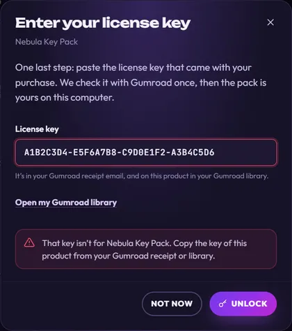 The Enter your license key window for Nebula Key Pack with a pasted key outlined in red and the message That key isn’t for Nebula Key Pack
