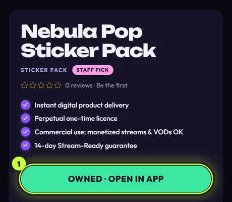 A product page buy box where the buy button reads OWNED · OPEN IN APP (1)