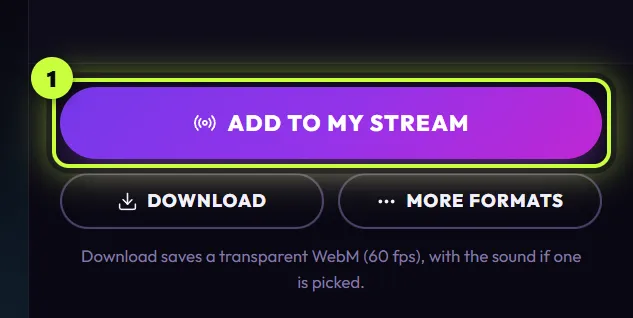 The editor’s action area with the Add to my stream button ringed (1), and Download and More formats under it
