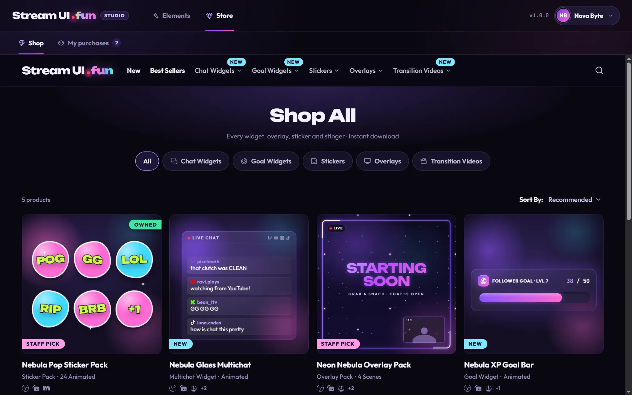 The Store tab with Shop selected and My purchases showing 2. The streamui.fun store fills the page: Shop All, filter pills, and product cards such as Nebula Pop Sticker Pack marked OWNED.