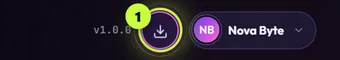 The top right of the app: a round download button, ringed and numbered 1, next to the Nova Byte chip.